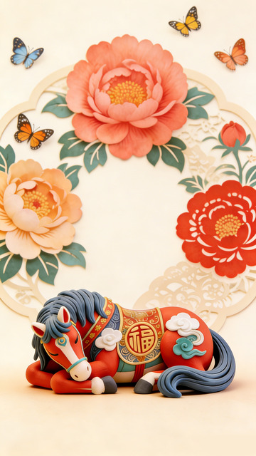 传统中国风马雕塑与花鸟装饰