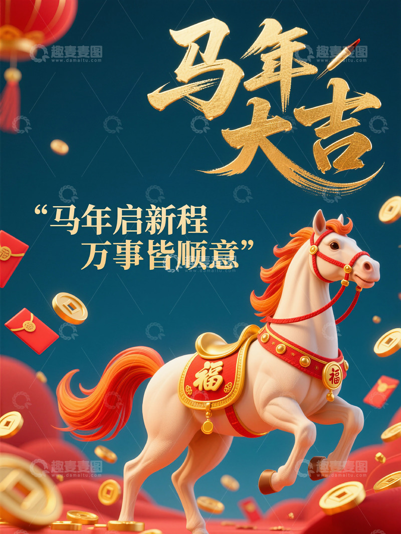 高清大图下载【趣麦麦图】马年大吉3D手机海报