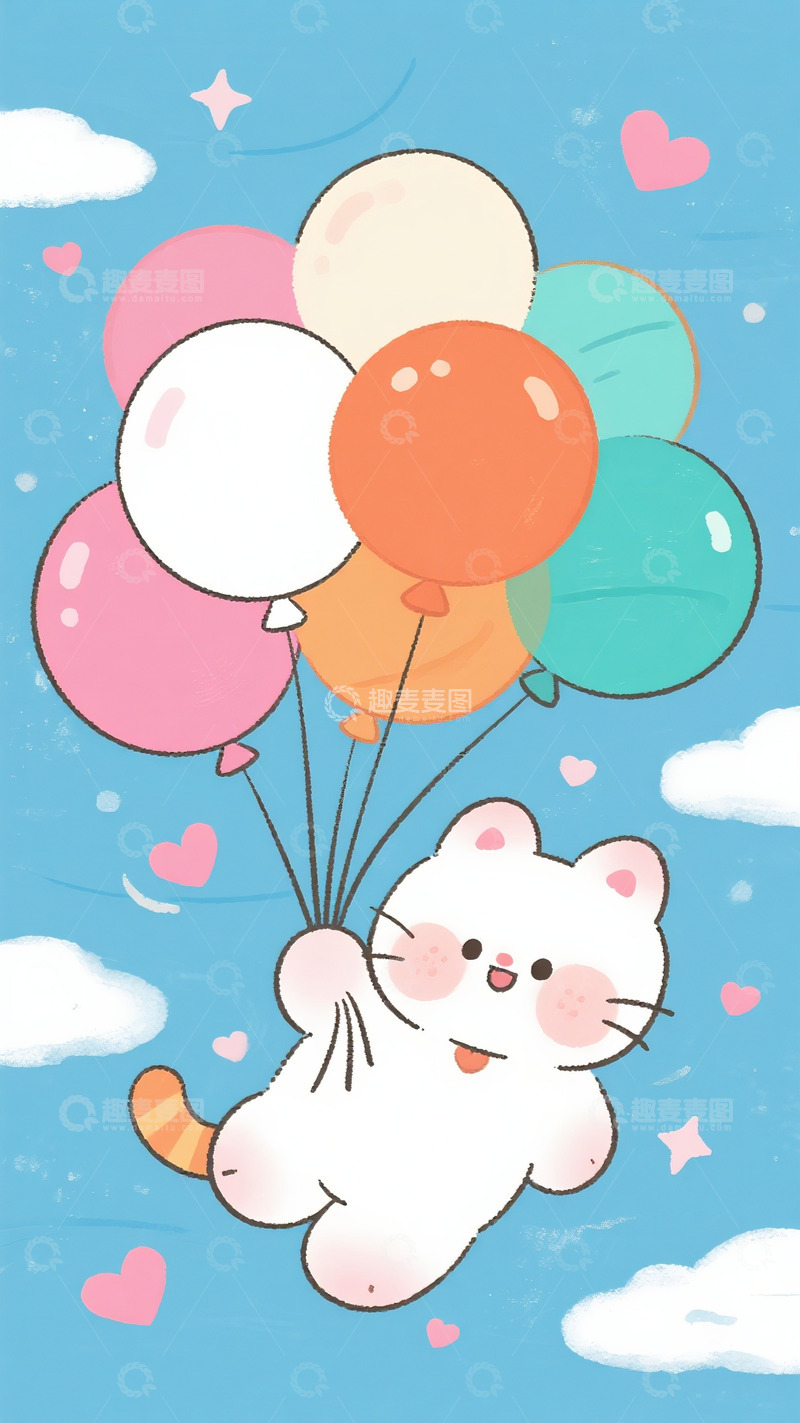 高清大图下载【趣麦麦图】软萌猫咪多彩气球飞向蓝天