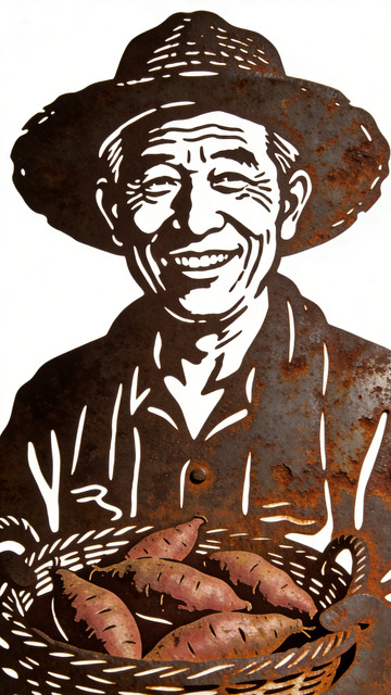 版画风格农民与红薯艺术插画