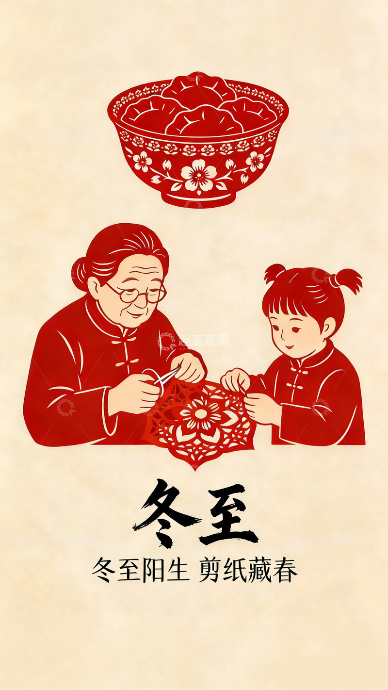 高清大图下载【趣麦麦图】-剪纸风冬至节日传承艺术