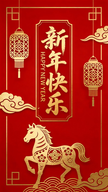 新年喜庆金色马图案贺卡设计素材