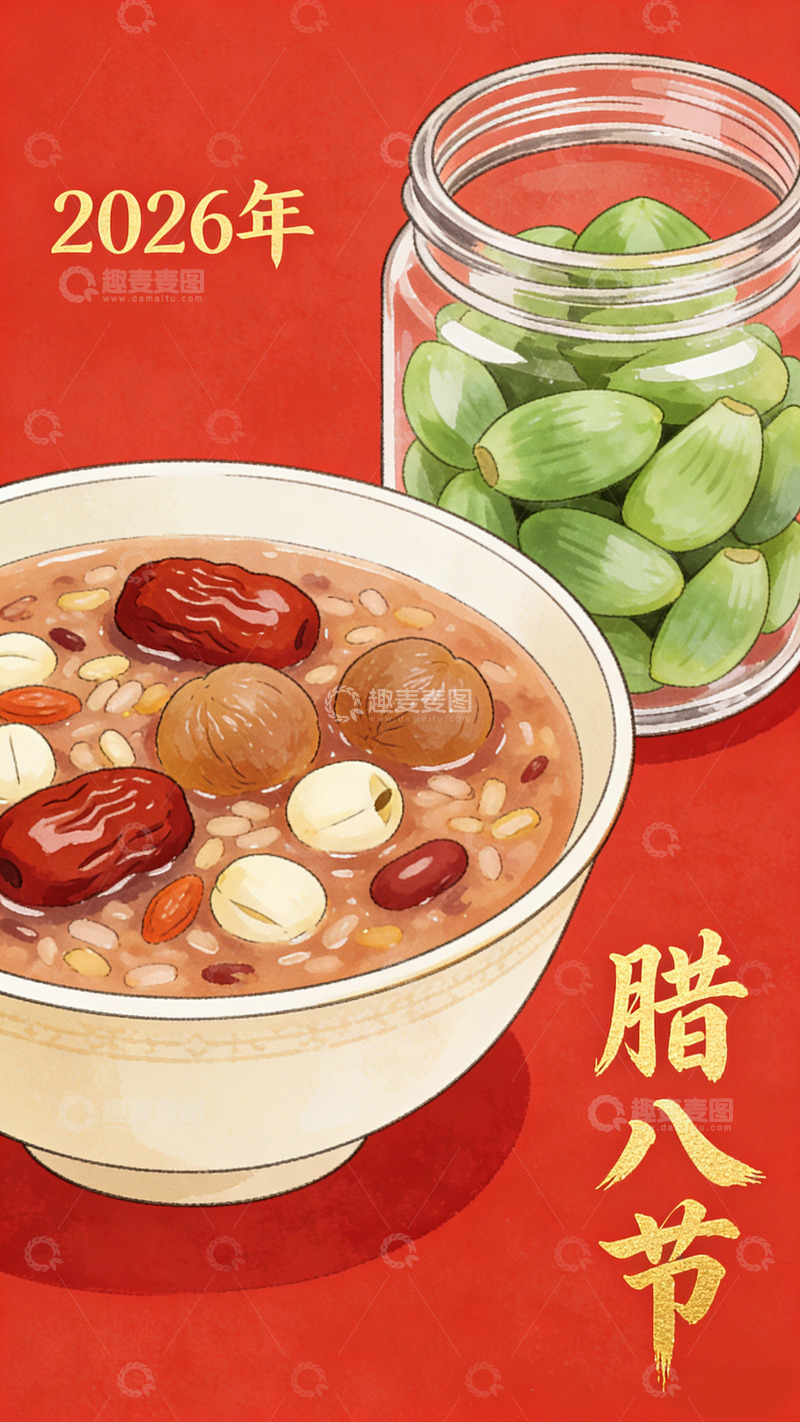 高清大图下载【趣麦麦图】-2026年腊八节腊八粥青蒜插画
