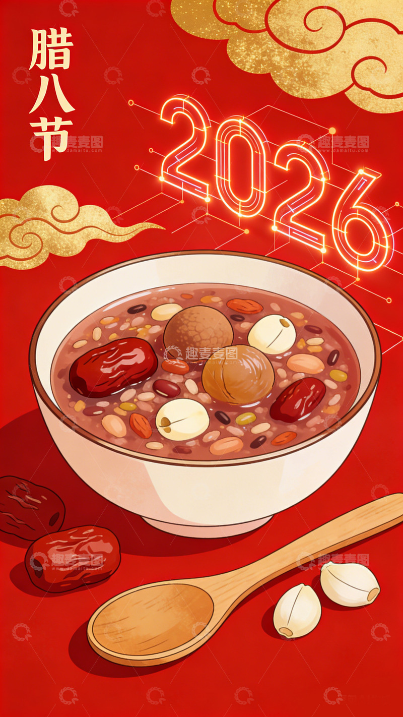高清大图下载【趣麦麦图】2026年腊八节八宝粥插画海报