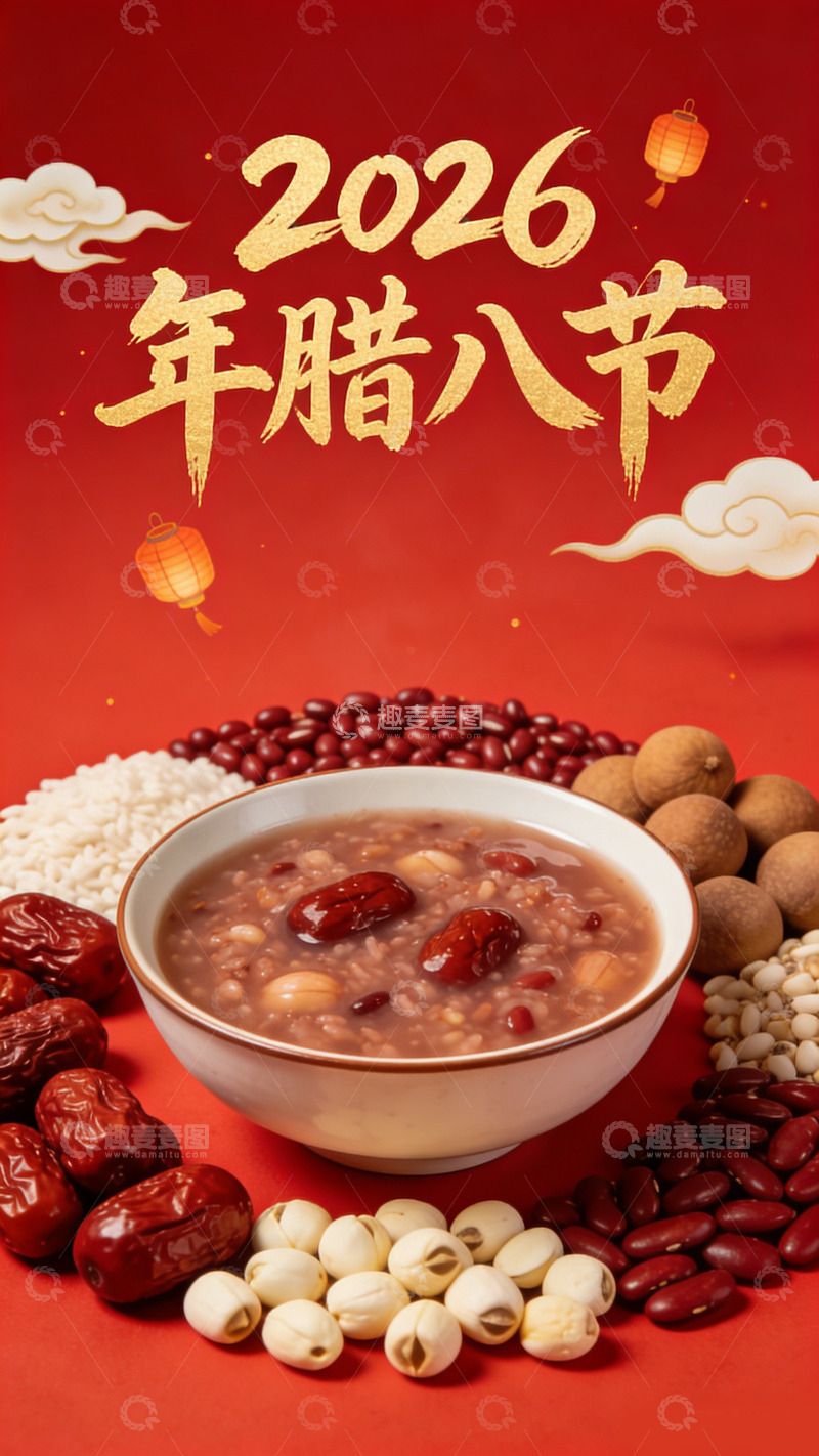 高清大图下载【趣麦麦图】-2026腊八节红豆粥庆祝海报