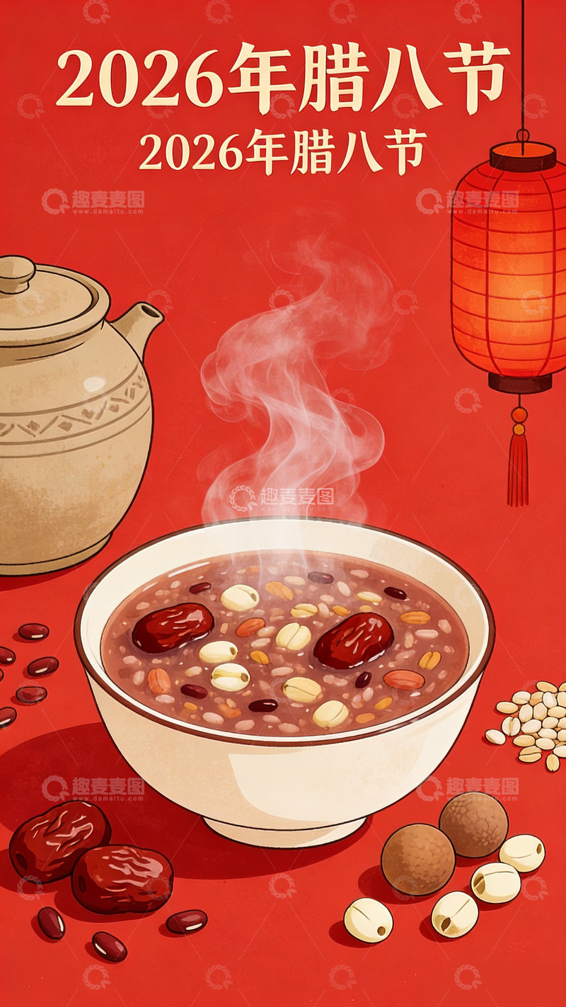 高清大图下载【趣麦麦图】-腊八节红豆粥插画设计