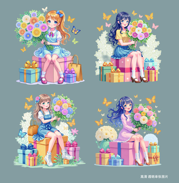 卡通插画风格美少女与礼物图案