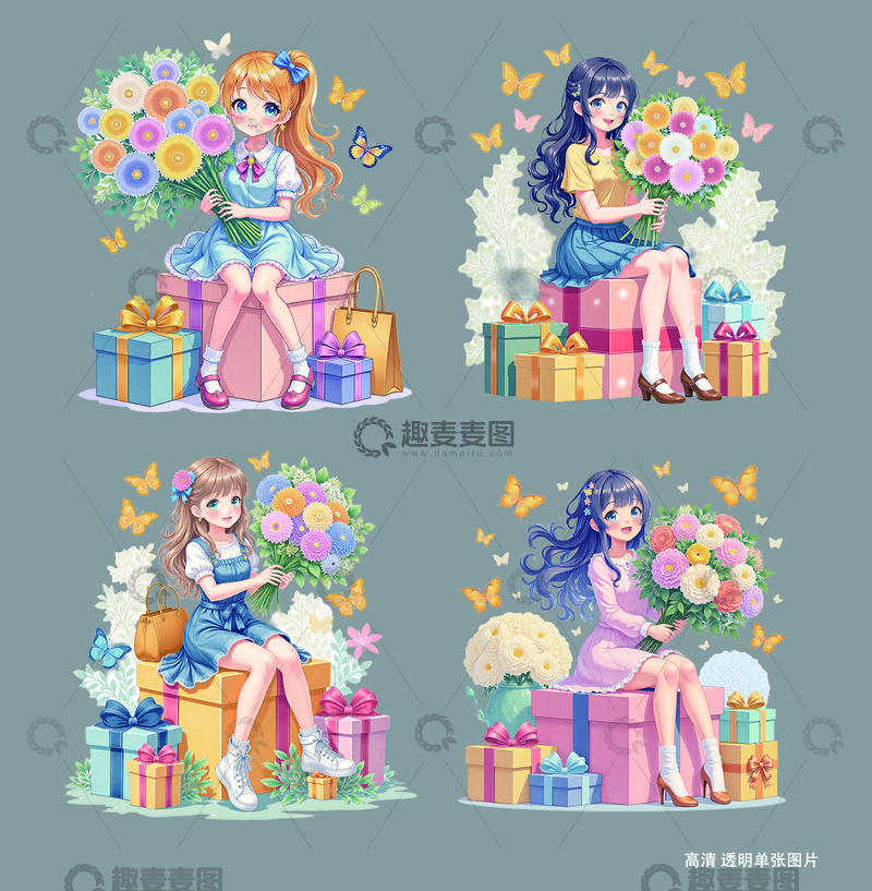 源文件下载【趣麦麦图】-卡通插画风格美少女与礼物图案