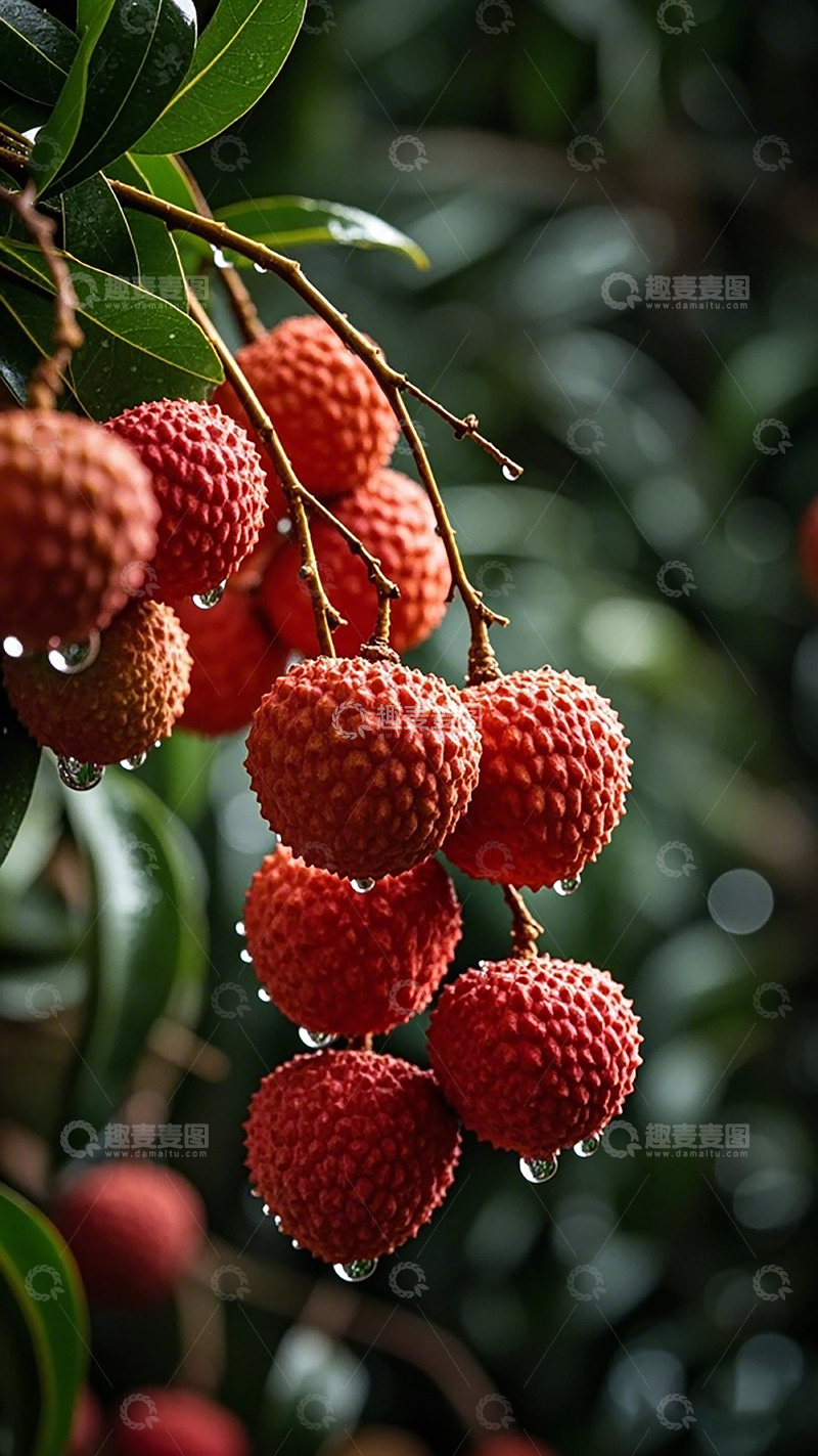 高清大图下载【趣麦麦图】荔枝挂枝水珠鲜绿背景