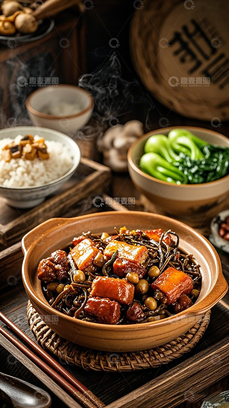 高清大图下载【趣麦麦图】中式美食红烧肉配饭炒青菜