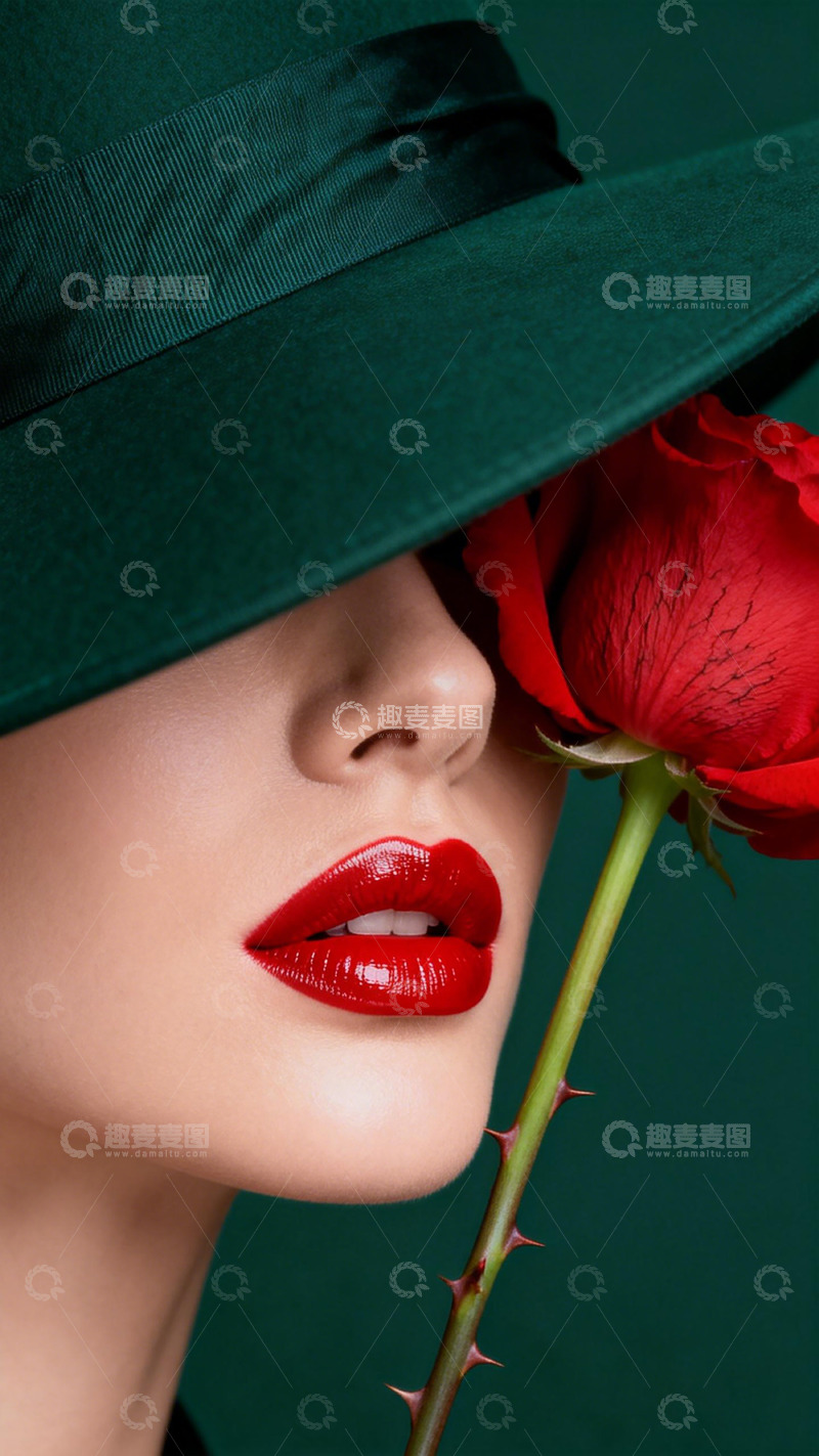 高清大图下载【趣麦麦图】时尚女性红唇玫瑰写真