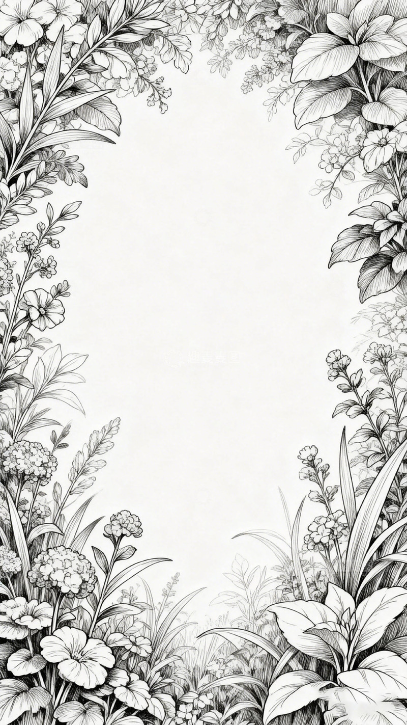 高清大图下载【趣麦麦图】黑白线描花卉边框设计素材