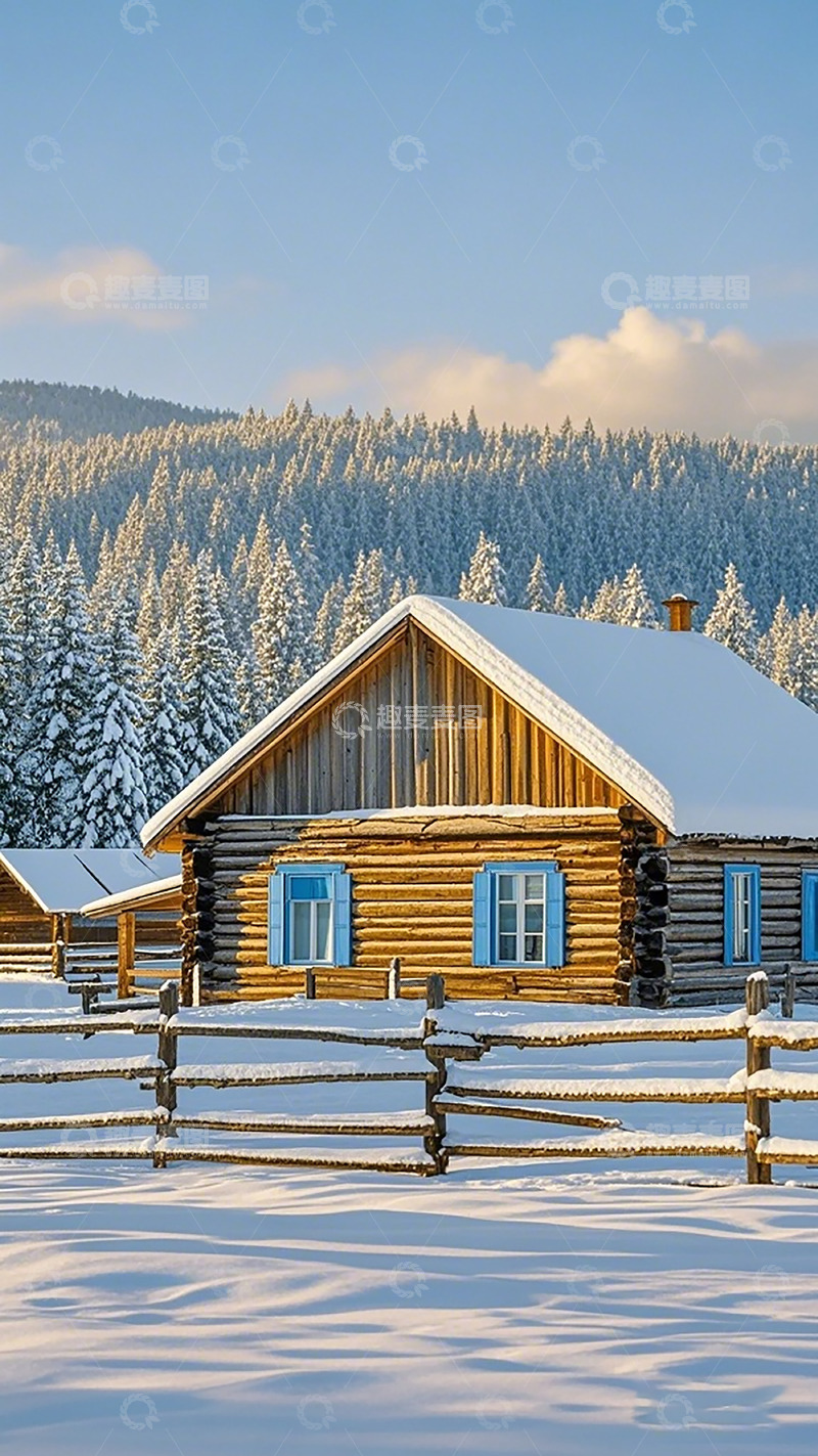 高清大图下载【趣麦麦图】冬日木屋雪景风光