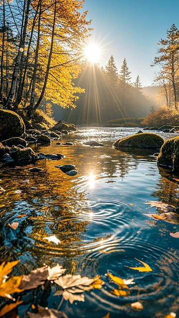 秋日溪流阳光美景摄影