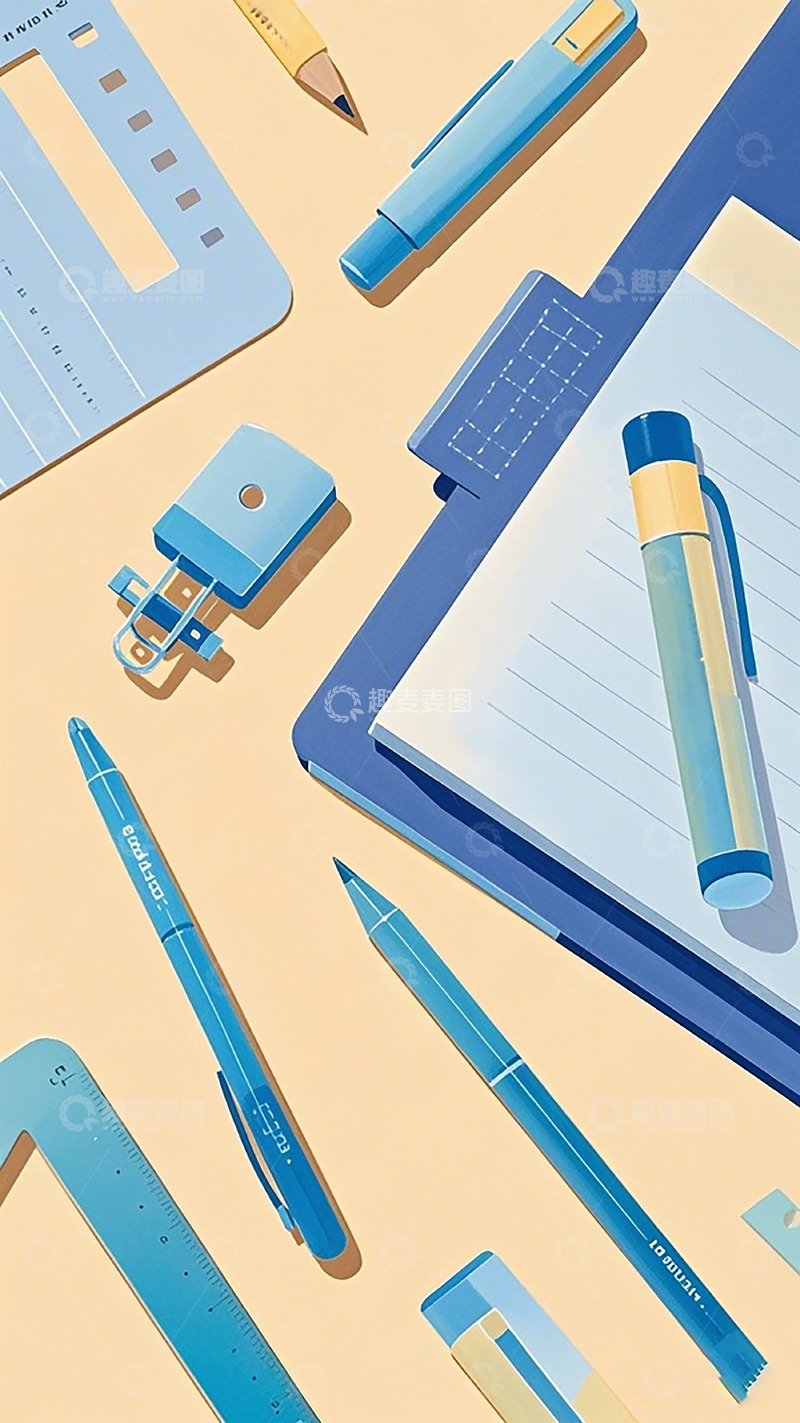 高清大图下载【趣麦麦图】蓝色文具静物插画