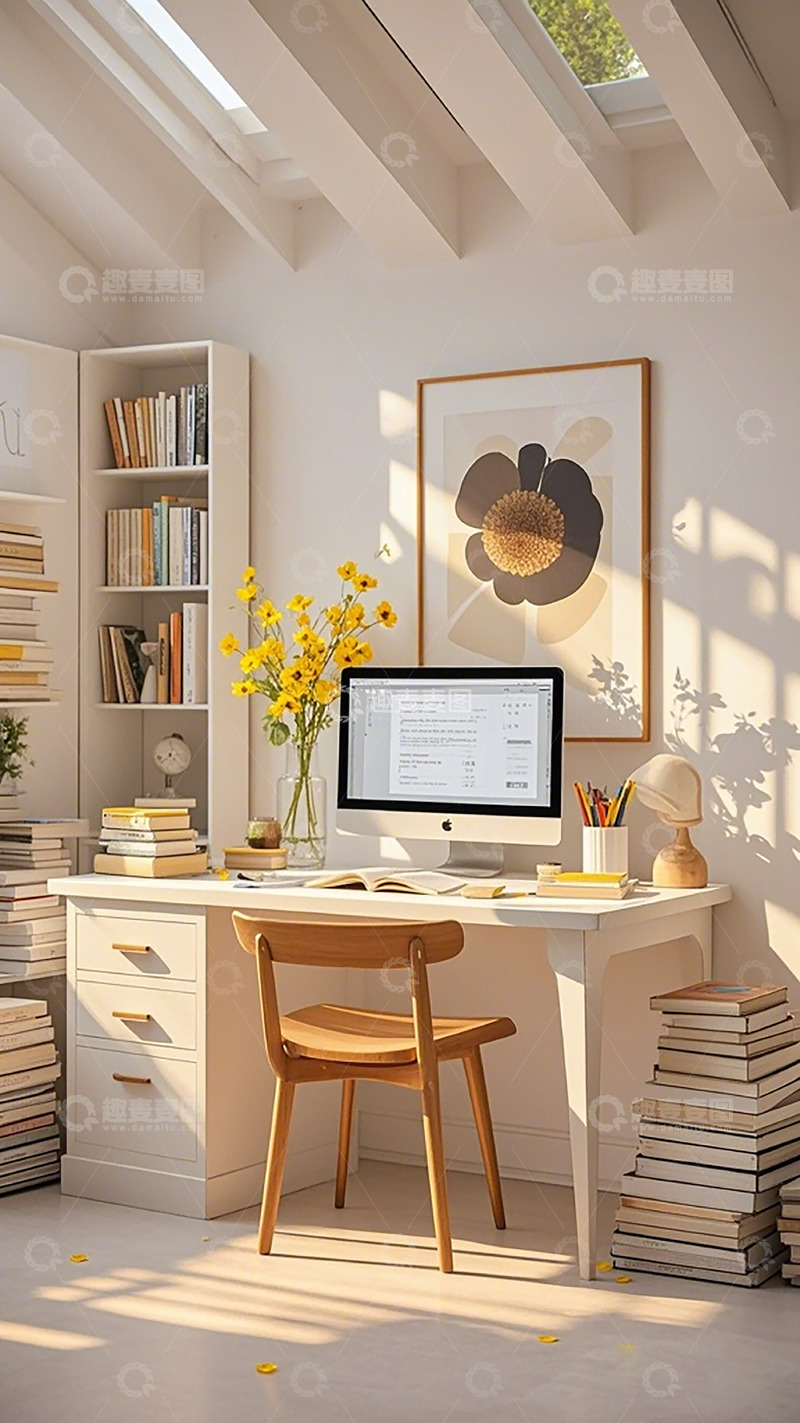 高清大图下载【趣麦麦图】简约温馨书房布置插画