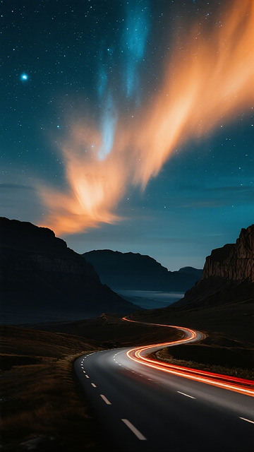 夜空极光公路美景