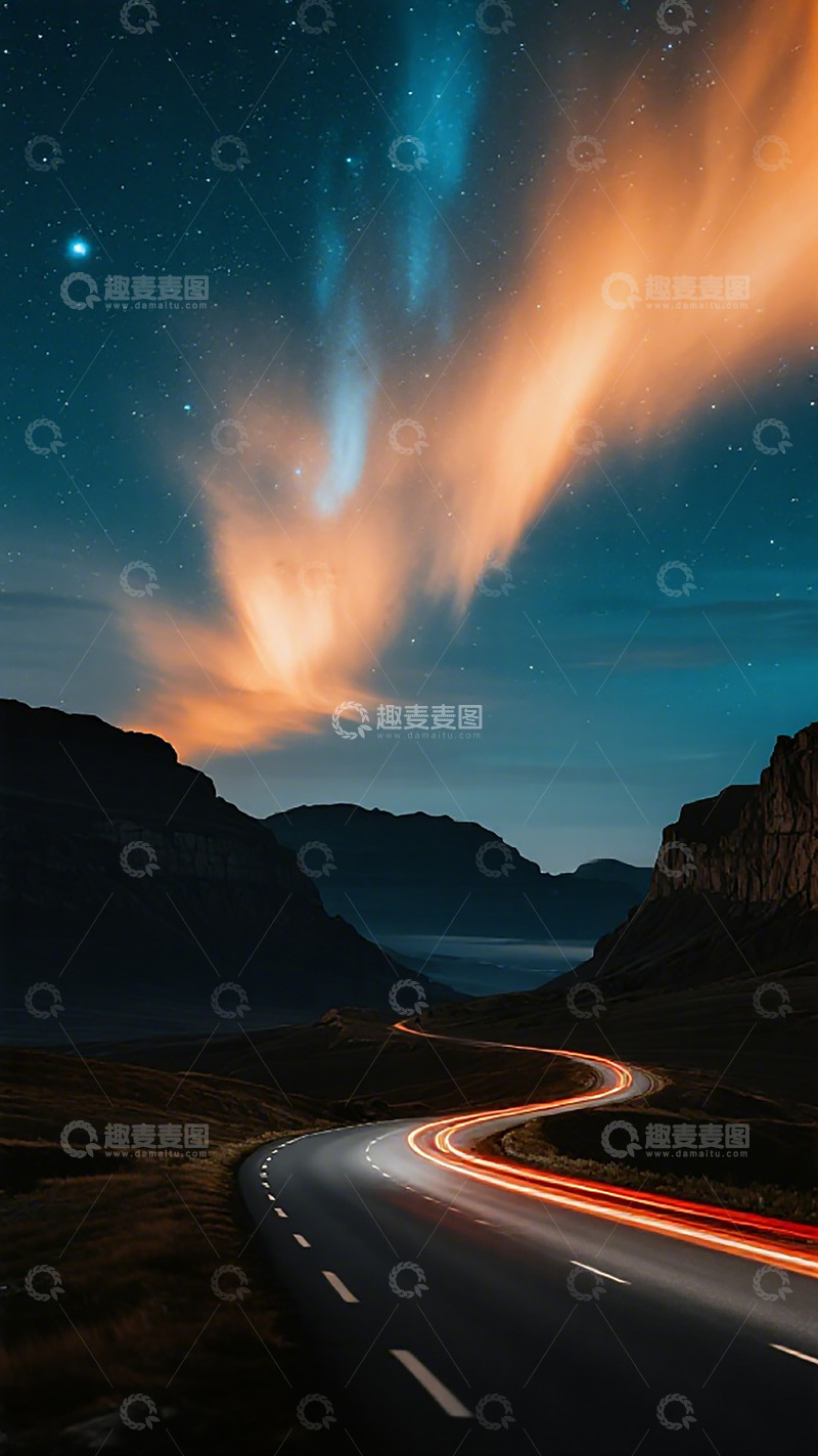 高清大图下载【趣麦麦图】夜空极光公路美景