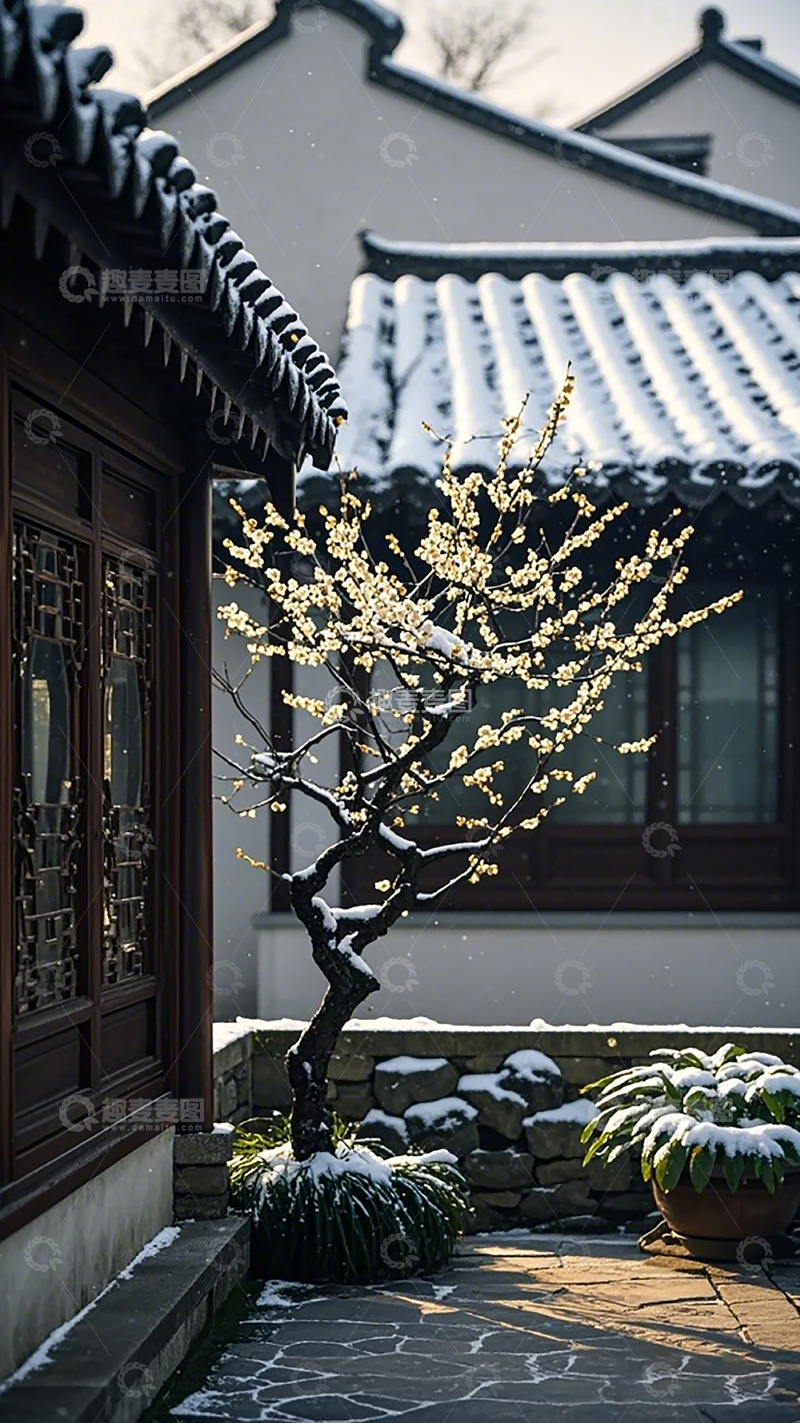 高清大图下载【趣麦麦图】雪景庭院梅花绽放