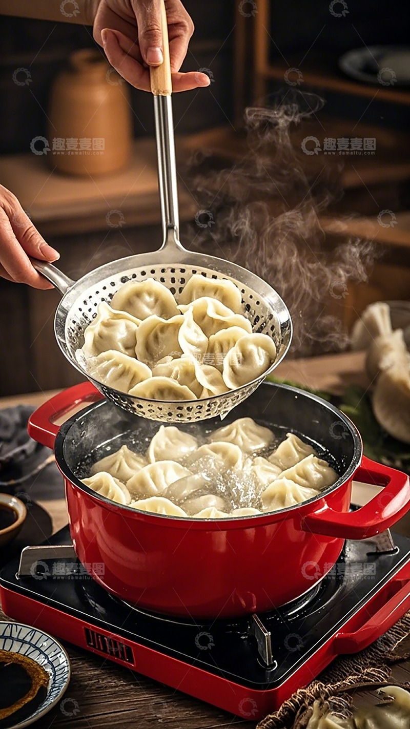 高清大图下载【趣麦麦图】红色锅煮饺子美食摄影