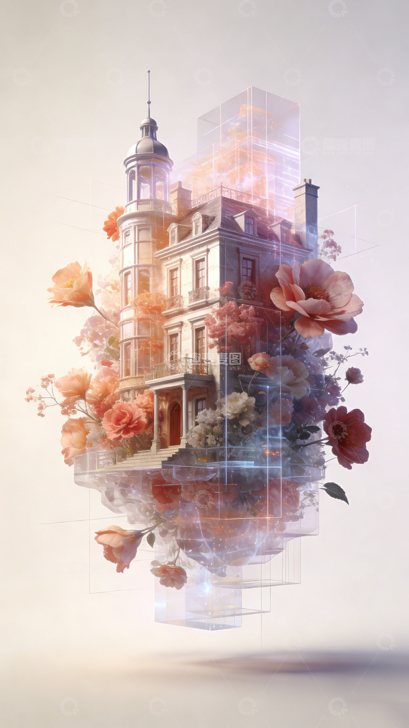 高清大图下载【趣麦麦图】梦幻建筑花卉融合艺术图