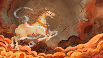 敦煌壁画风东方神话骏马飞腾插画