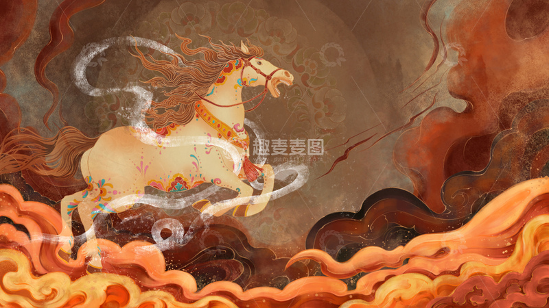 源文件下载【趣麦麦图】-敦煌壁画风东方神话骏马飞腾插画