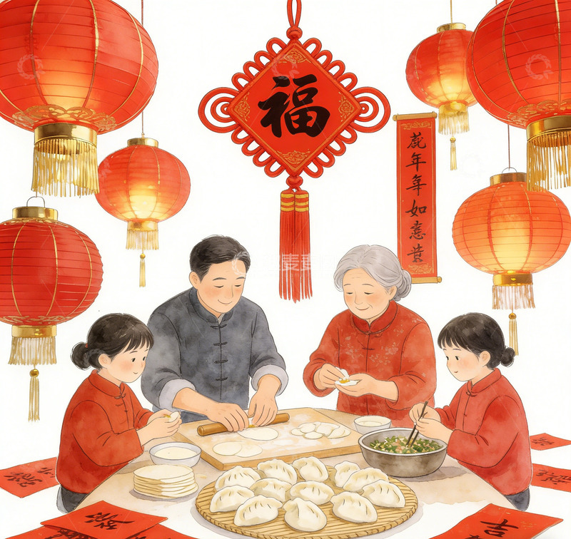 高清大图下载【趣麦麦图】中国风春节家庭包饺子插画