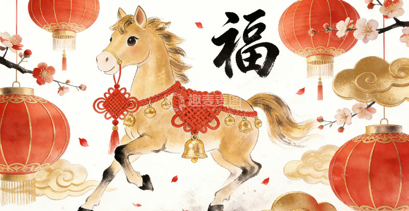 高清大图下载【趣麦麦图】马年喜庆新春春节插画