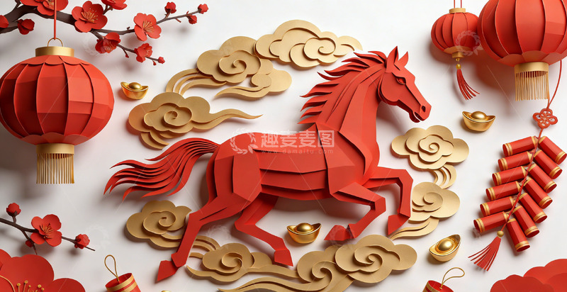 高清大图下载【趣麦麦图】剪纸风马年喜庆装饰设计