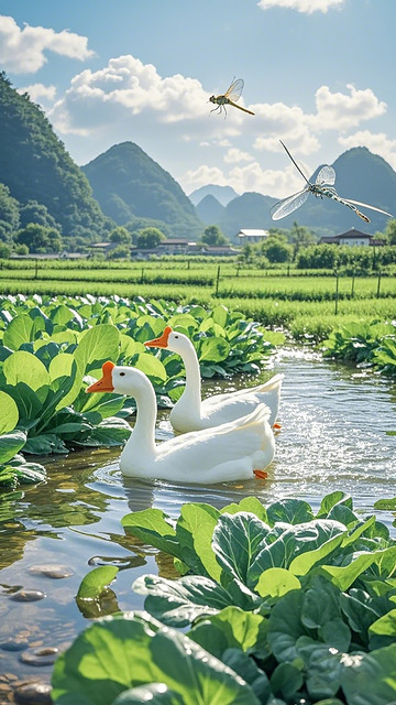 田园风光白鹅戏水图