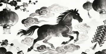 水墨画骏马祥云灯笼装饰图案