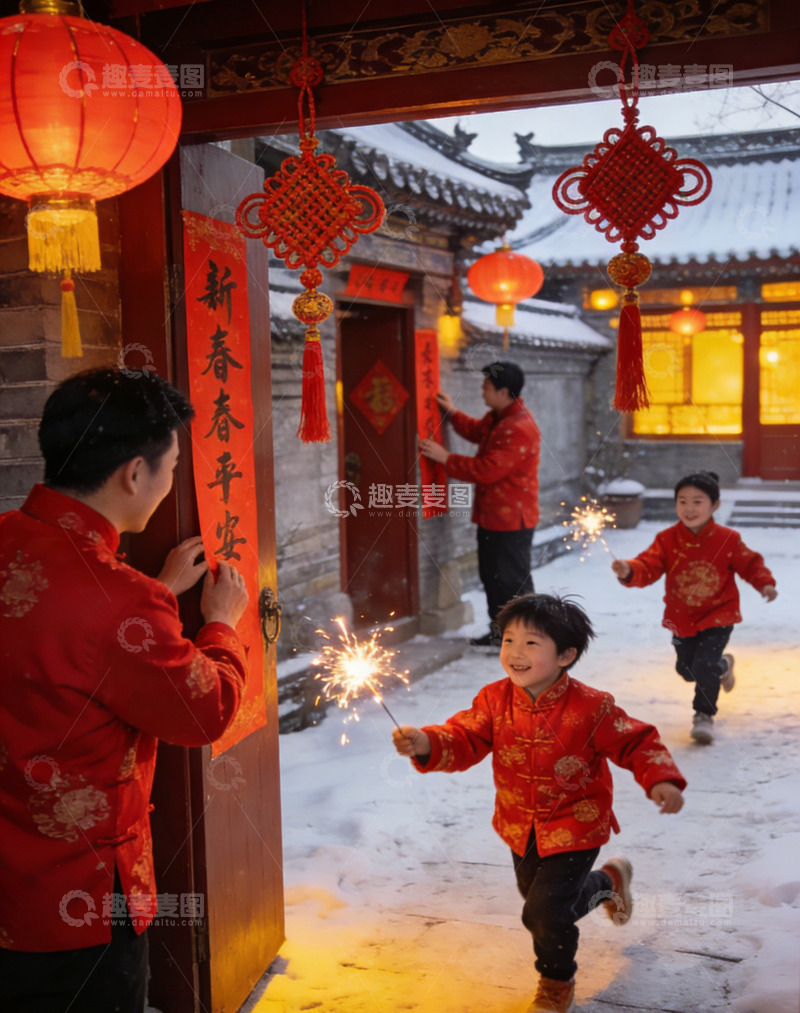 高清大图下载【趣麦麦图】春节喜庆家庭烟花庆祝