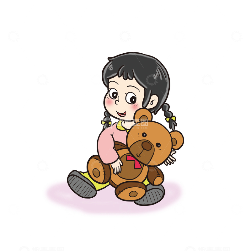 源文件下载【趣麦麦图】-小女孩与可爱泰迪熊布偶玩具插画