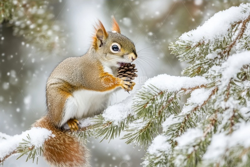 高清大图下载【趣麦麦图】站在松树上的一只松鼠