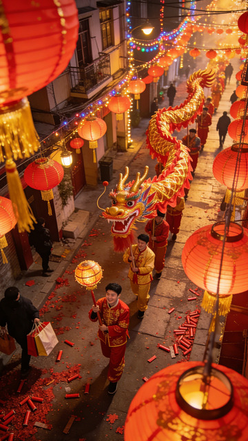 春节龙舞红灯街景摄影