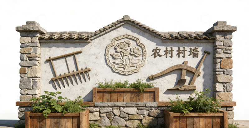 高清大图下载【趣麦麦图】农村石墙农具壁画