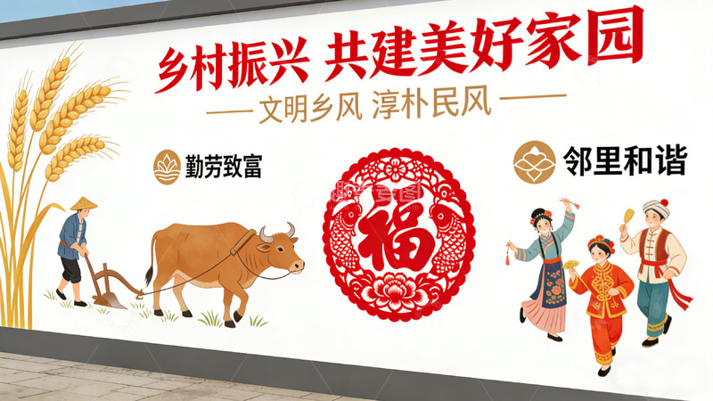 高清大图下载【趣麦麦图】乡村宣传画共建美好家园