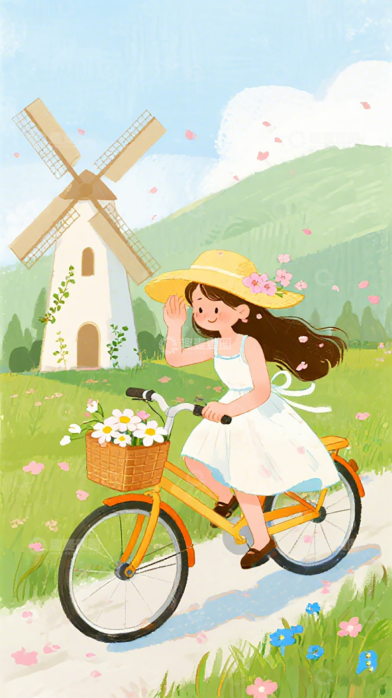 高清大图下载【趣麦麦图】田园风少女骑行插画