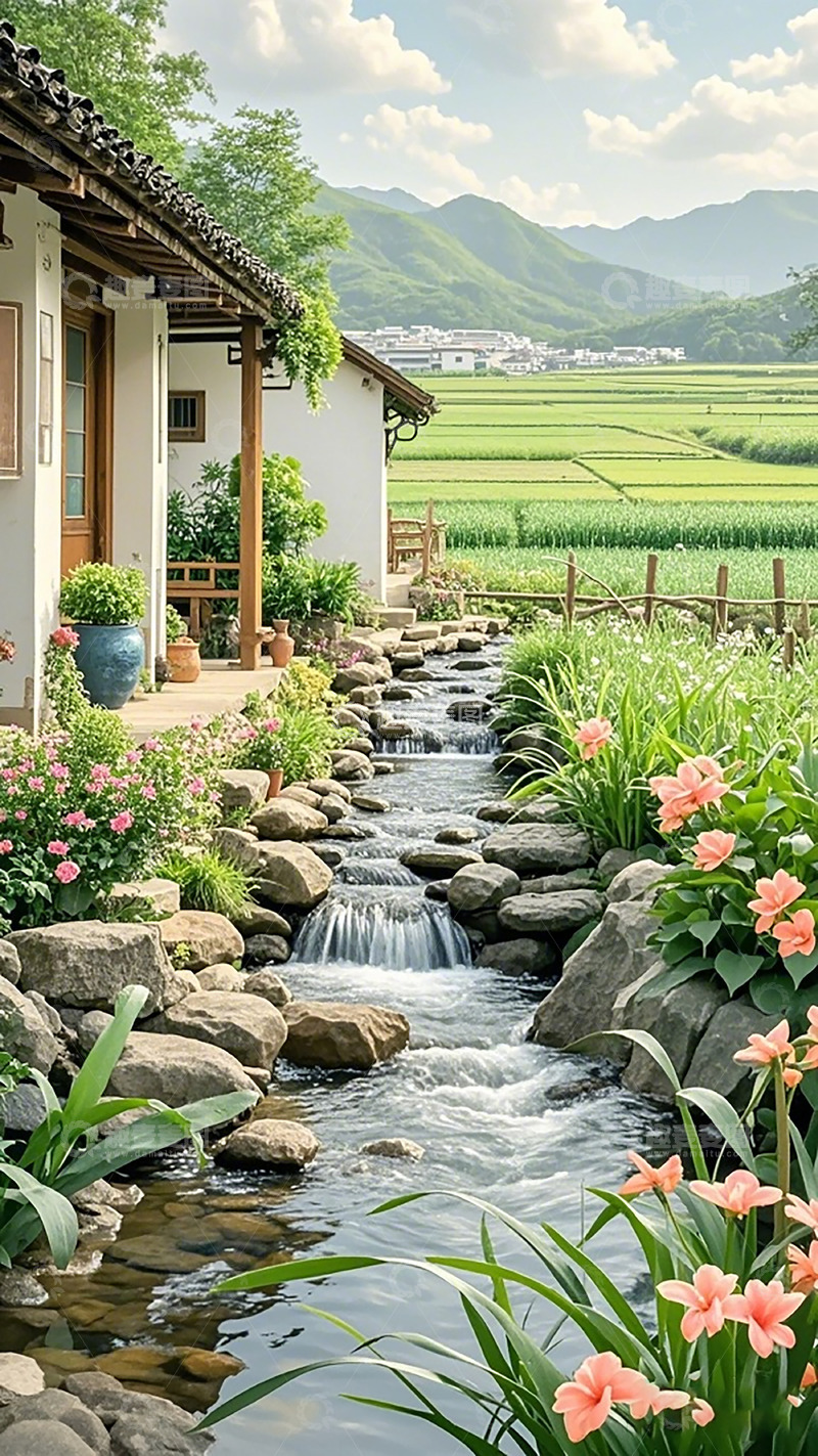 高清大图下载【趣麦麦图】田园风光溪水旁民居