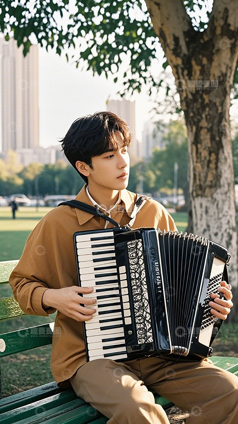 高清大图下载【趣麦麦图】公园手风琴演奏青年