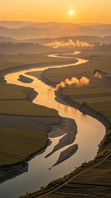 河流蜿蜒田园晚霞