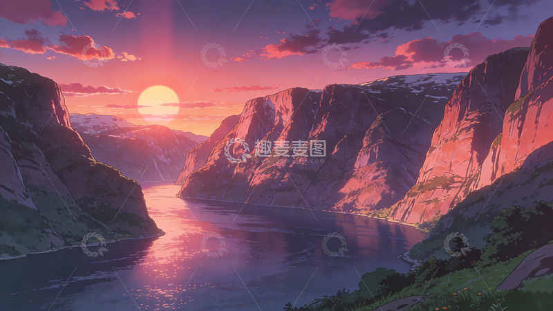 高清大图下载【趣麦麦图】动漫风峡谷日落风景插画