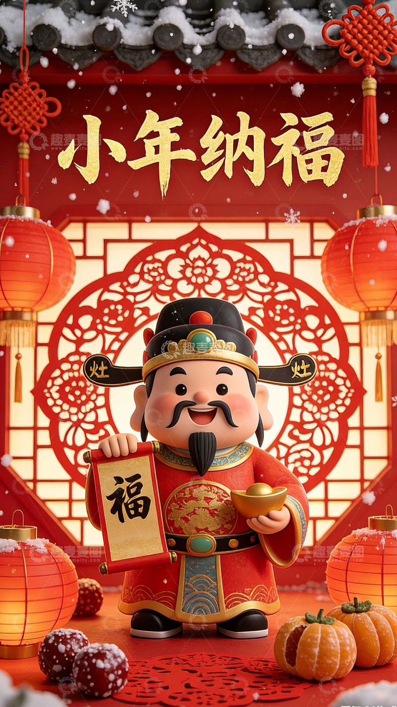 高清大图下载【趣麦麦图】喜庆中国风小年财神祈福图