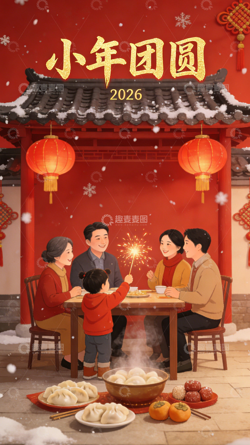 高清大图下载【趣麦麦图】卡通风春节团圆饺子烟花场景