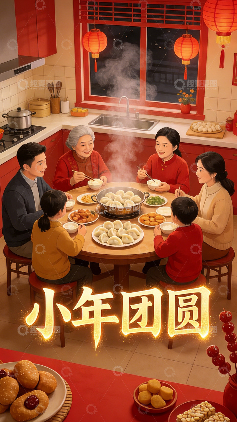 高清大图下载【趣麦麦图】卡通风春节团圆家庭聚餐插画