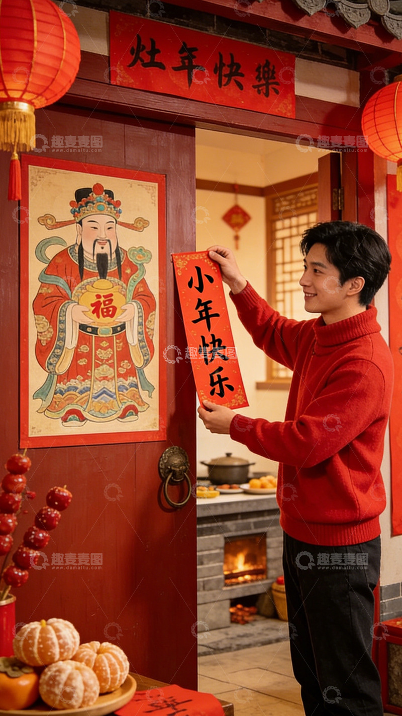 高清大图下载【趣麦麦图】春节习俗贴春联庆新年