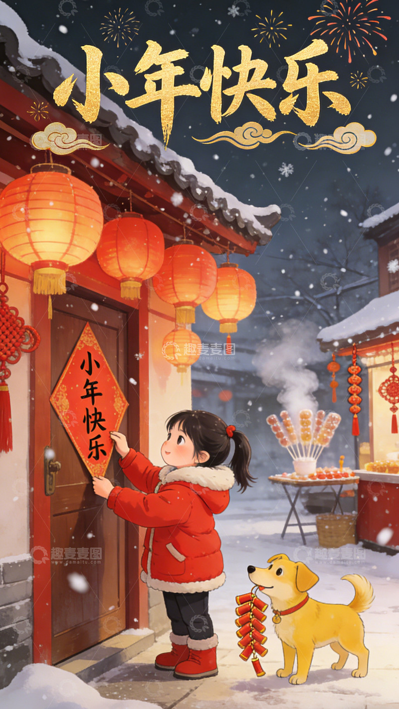 高清大图下载【趣麦麦图】新年雪景插画儿童狗灯笼
