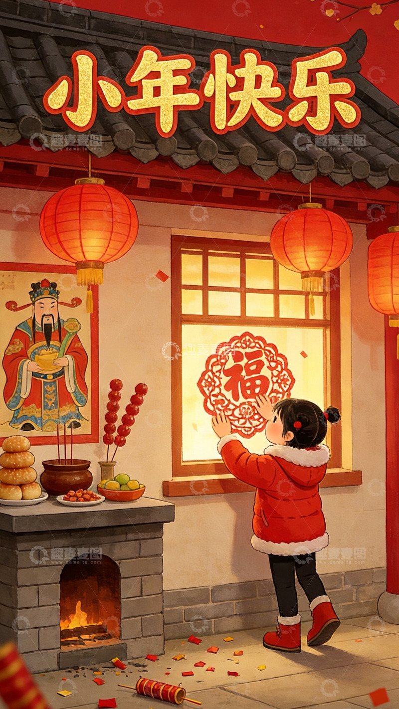 高清大图下载【趣麦麦图】年画风格小年庆祝贴福字场景