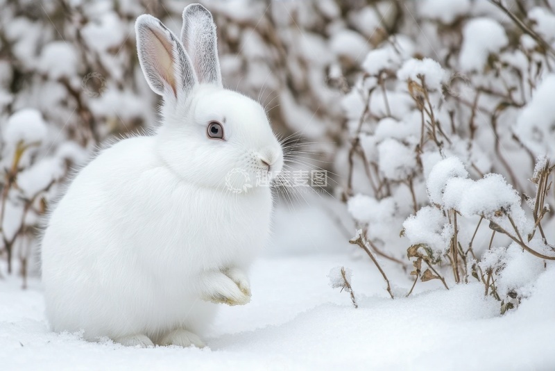 高清大图下载【趣麦麦图】冬季雪地上的一只小白兔